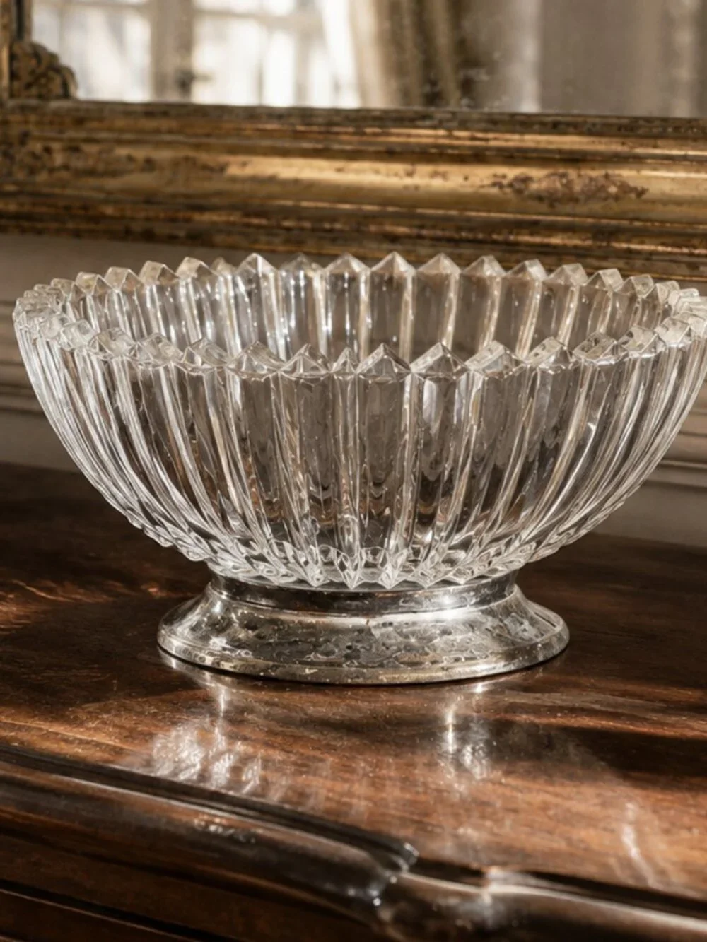 Vintage Silver Plated Footed Ribbed Glass Pedestal Serving Bowl